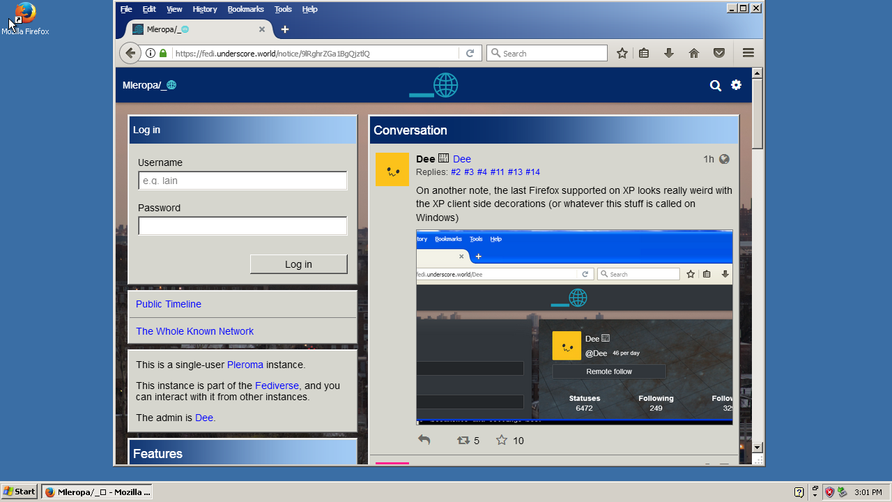 Windows XP set to classic theme, with Firefox displaying Pleroma set to the corresponding Pleroma theme Windows XP set to classic theme, with Firefox displaying Pleroma set to the corresponding Pleroma theme
